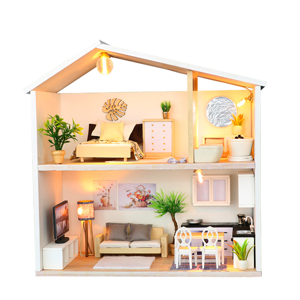 Modern Design Miniature Wooden DIY Doll House With Furniture And Lights