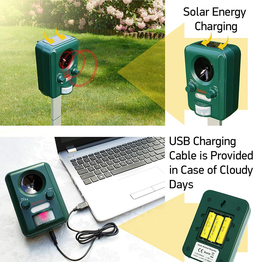 Animal Repellent Ultrasonic  Advanced Animal Repeller Deer Cat Dog Skunk Rats Raccoon Repellent Solar Powered - Motion Sensor LED Lights USB Charger