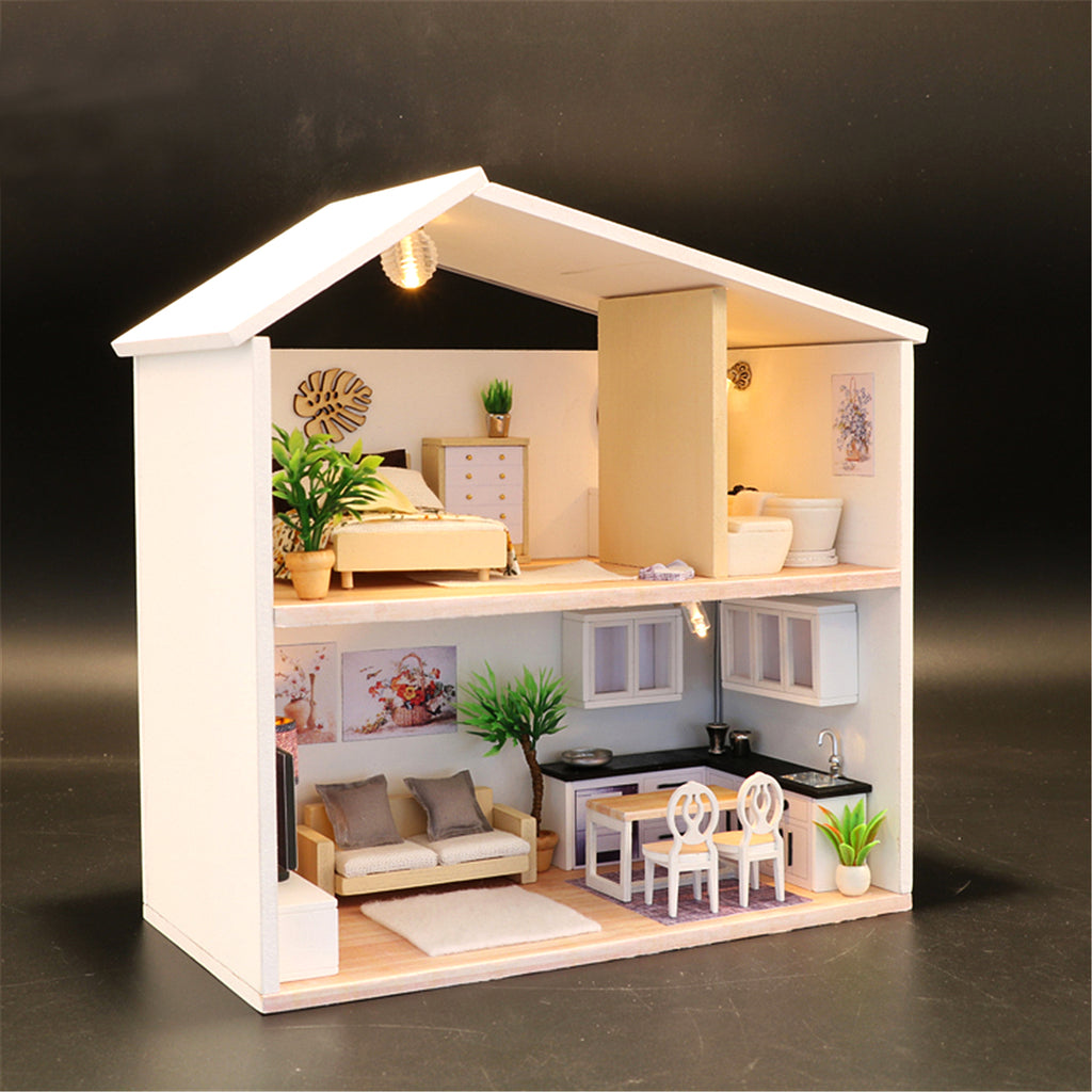 Modern Design Miniature Wooden DIY Doll House With Furniture And Lights